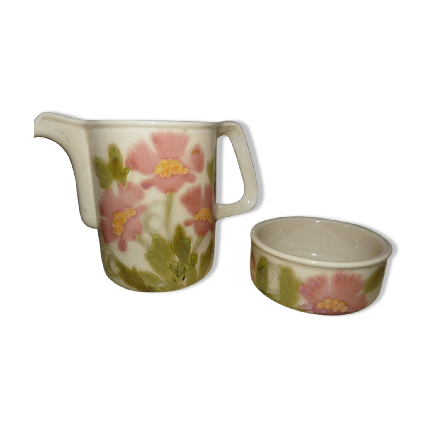 Hand-decorated art ceramic water jug and ramekin