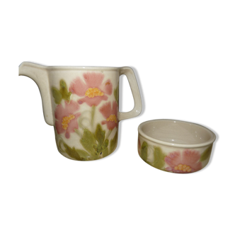 Hand-decorated art ceramic water jug and ramekin