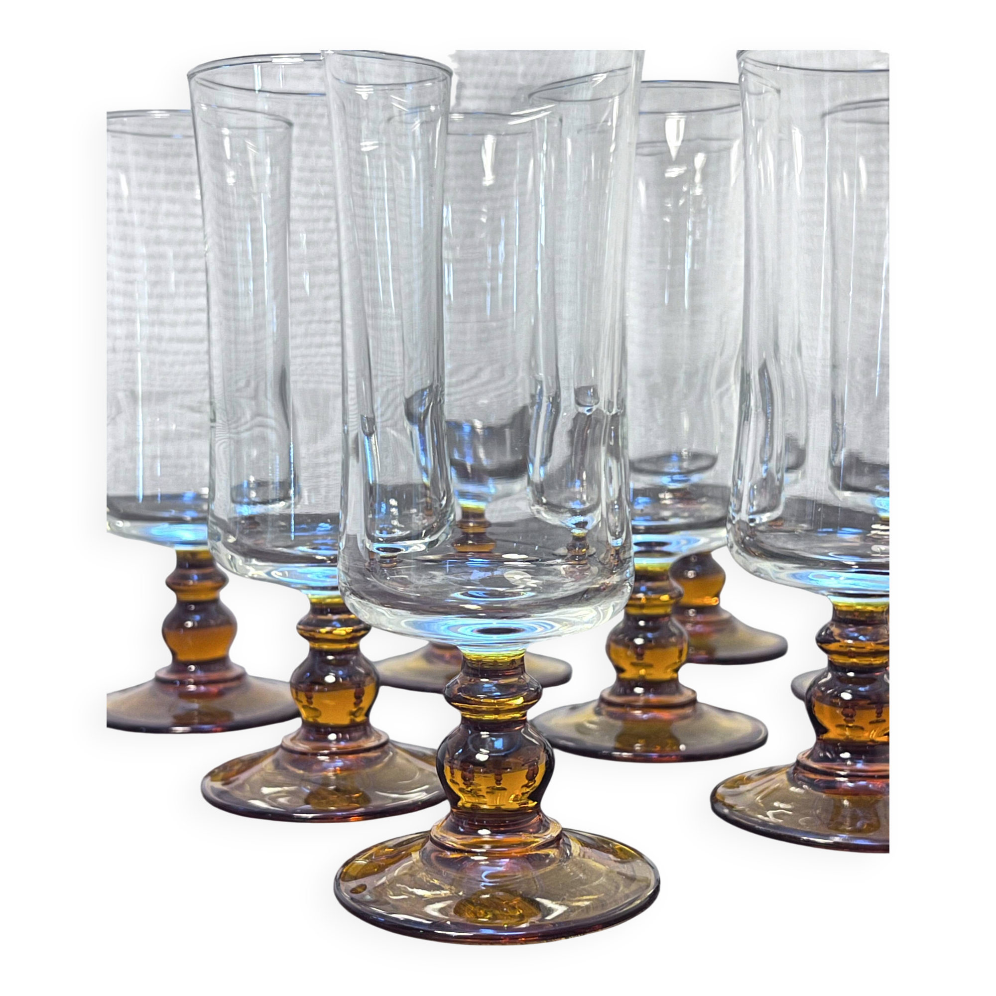 Set of 9 Vintage Amber Stemmed Glasses – 1970s