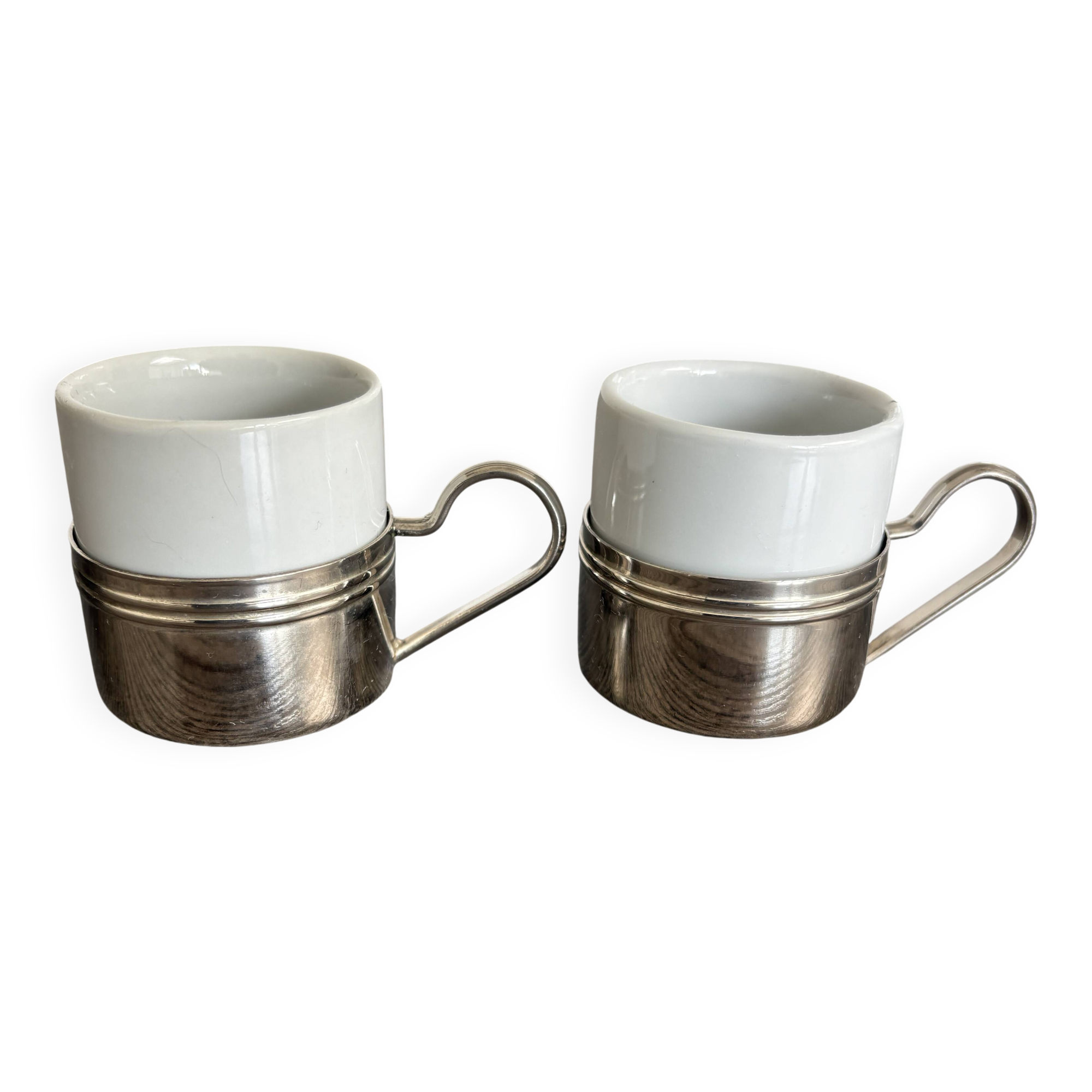 Set of 2 vintage porcelain cups with silver metal stand