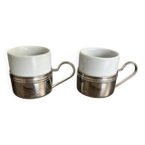 Set of 2 vintage porcelain cups with silver metal stand