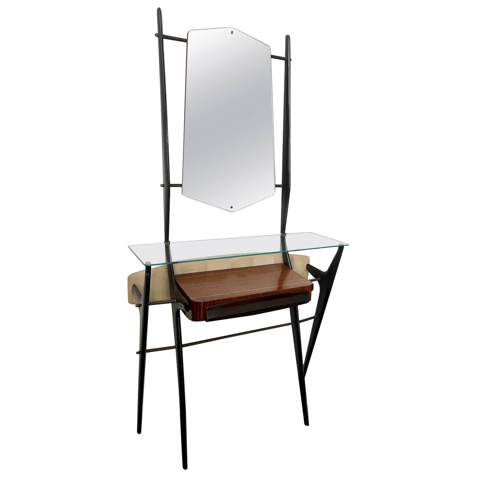 Table console laquée avec plateau en verre et miroir