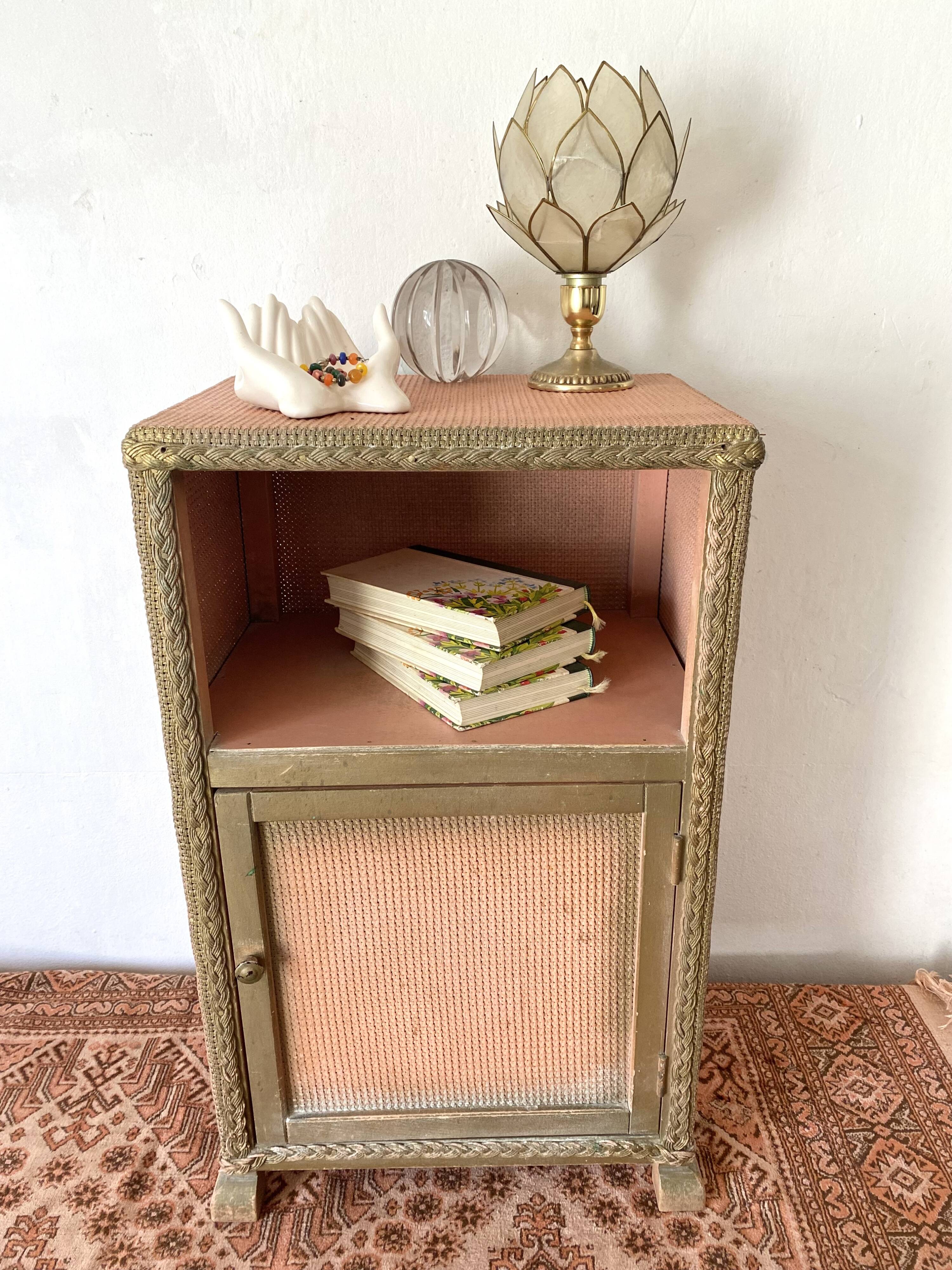 60s pink and gold Lloyd loom bedside table