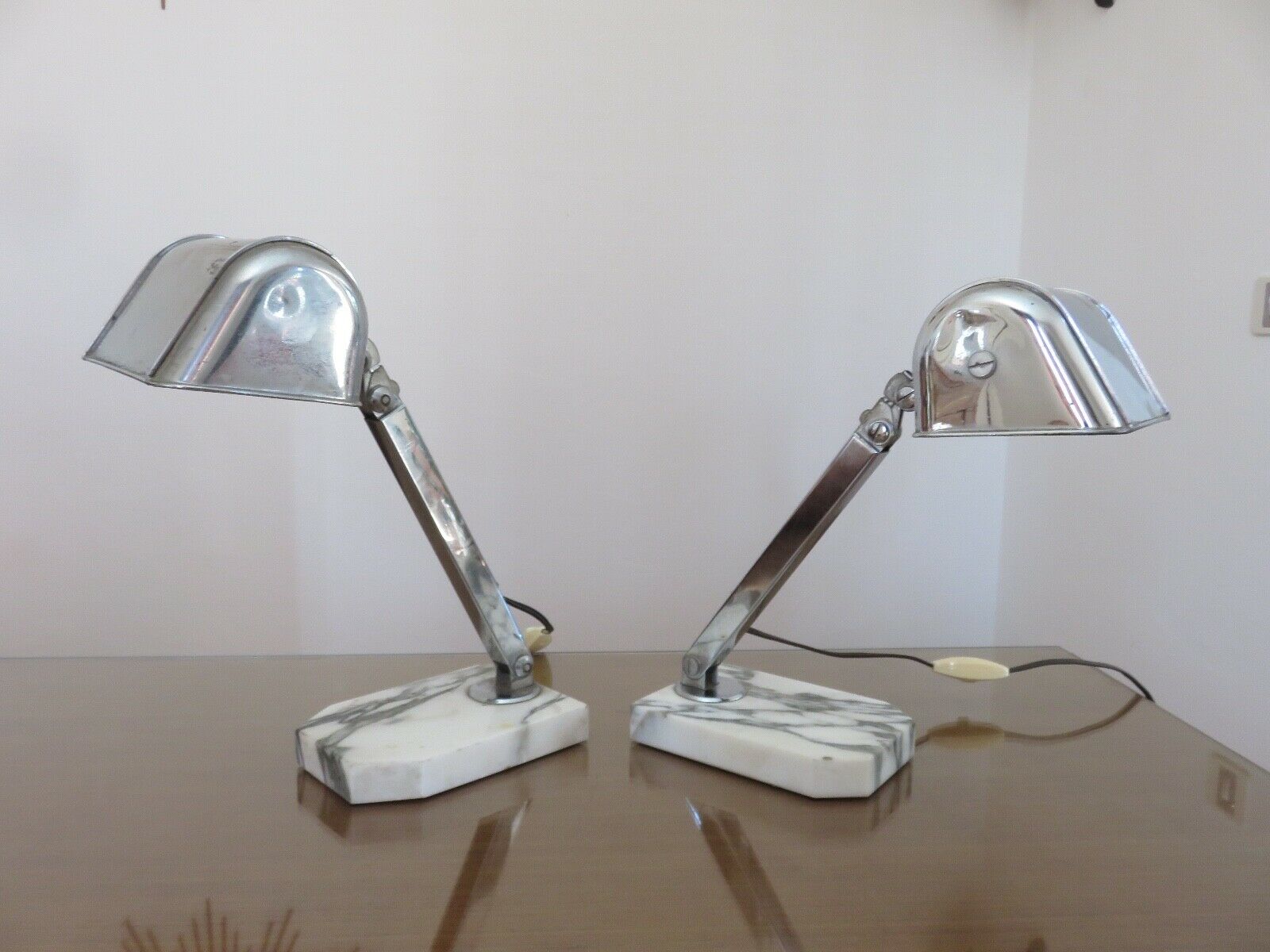 Pair of Art Deco lamps in chrome brass and Carrara marble 30s 40s