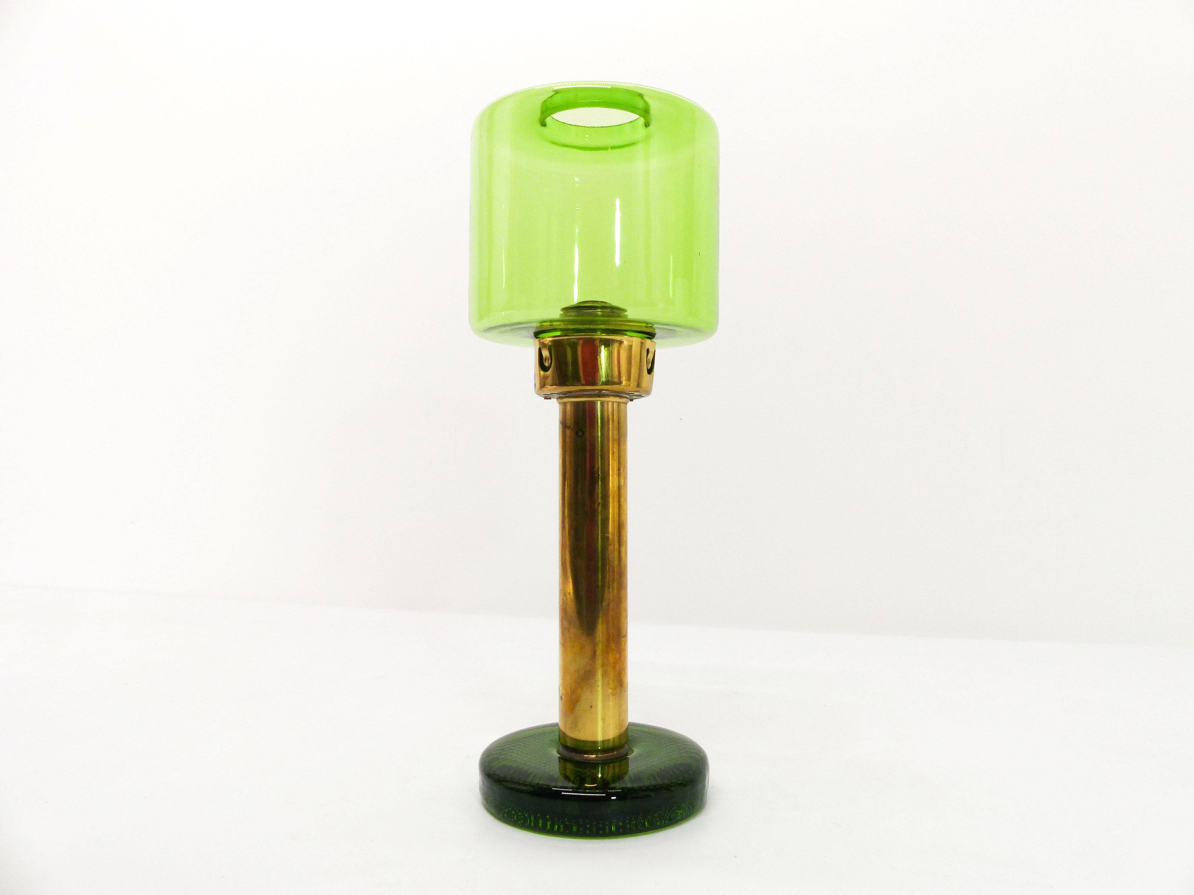 Scandinavian candle holder Gnosjö green glass and brass 1960