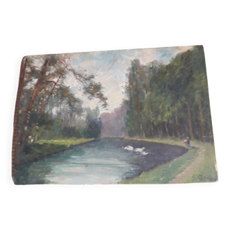 Old oil painting representing a landscape