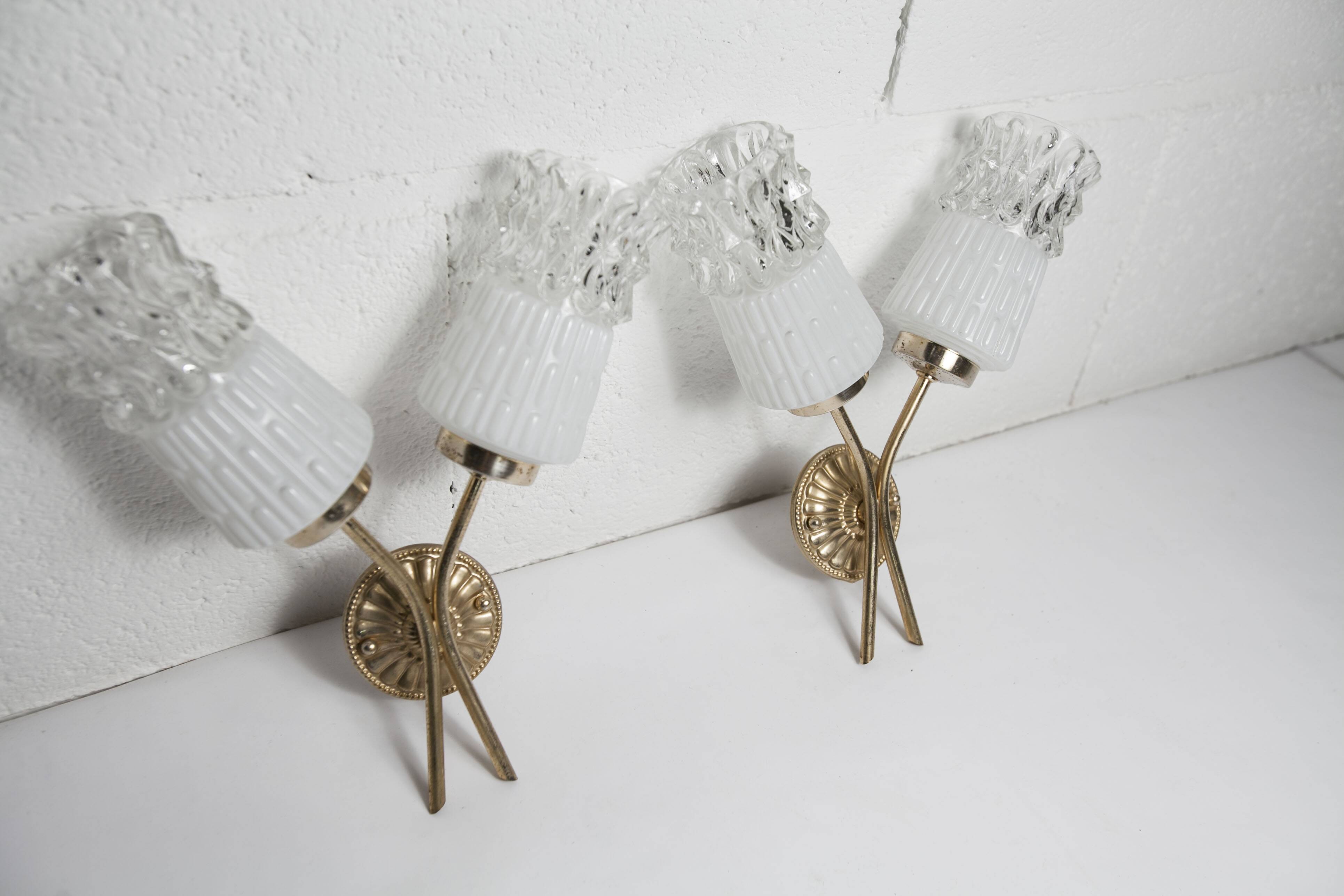 Pair of brass and glass wall lights 1960