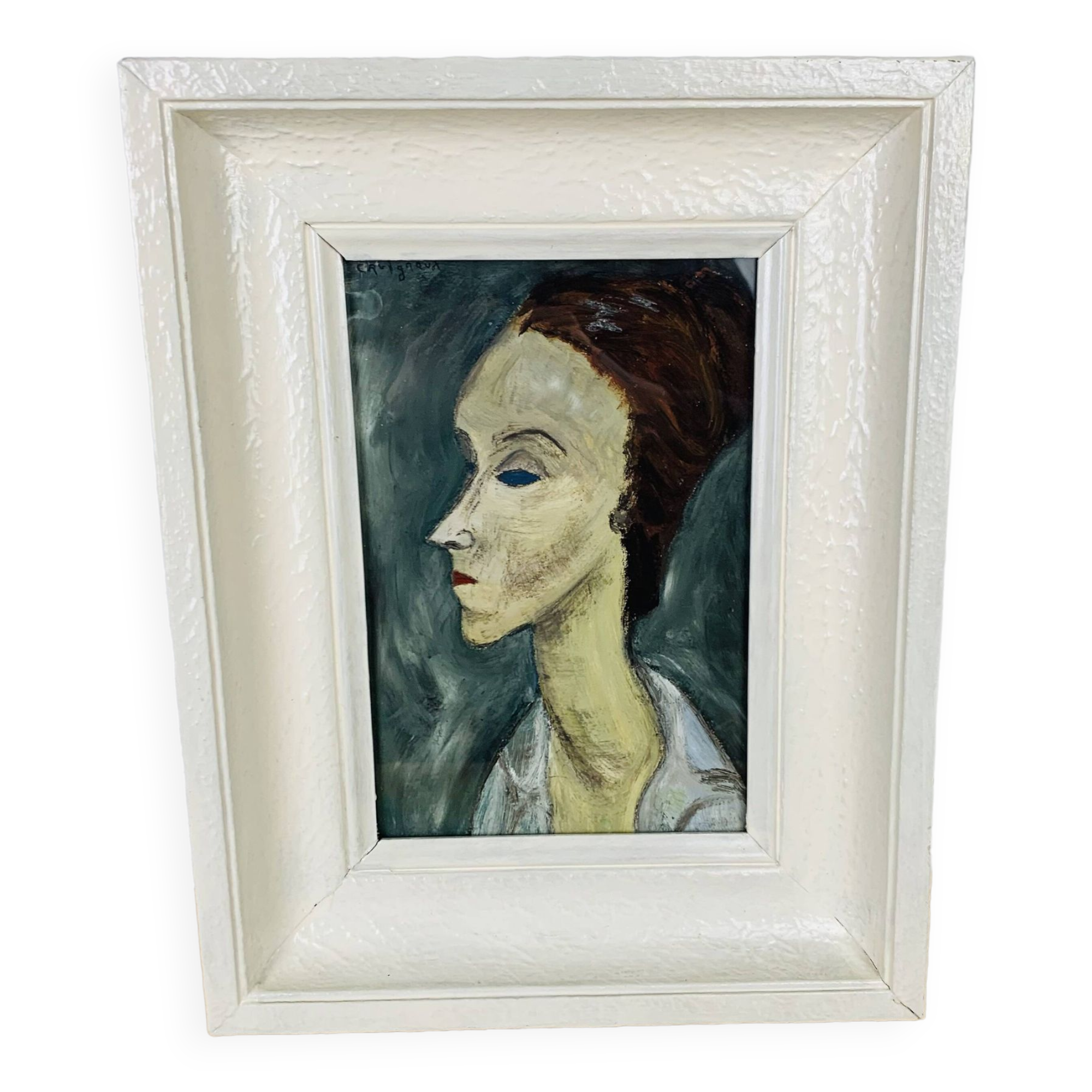 Painting portrait of a woman in figurative style signed Cavignaux