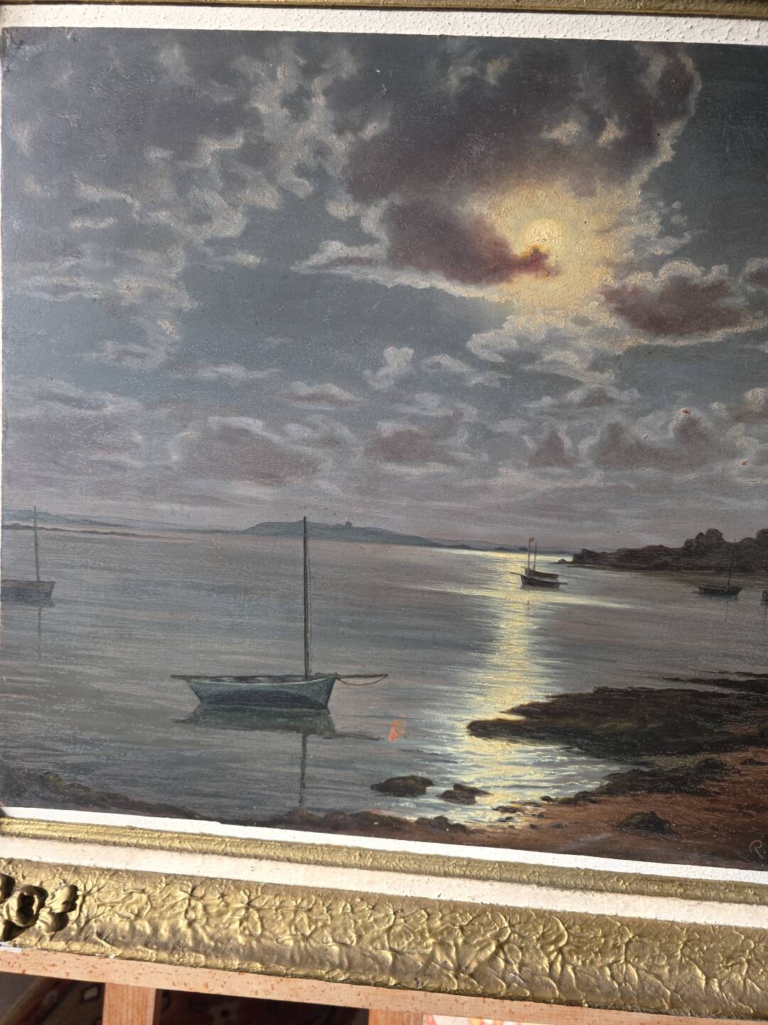 Old painting signed Roger de la Corbières – Seascape in the moonlight