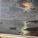 Old painting signed Roger de la Corbières – Seascape in the moonlight