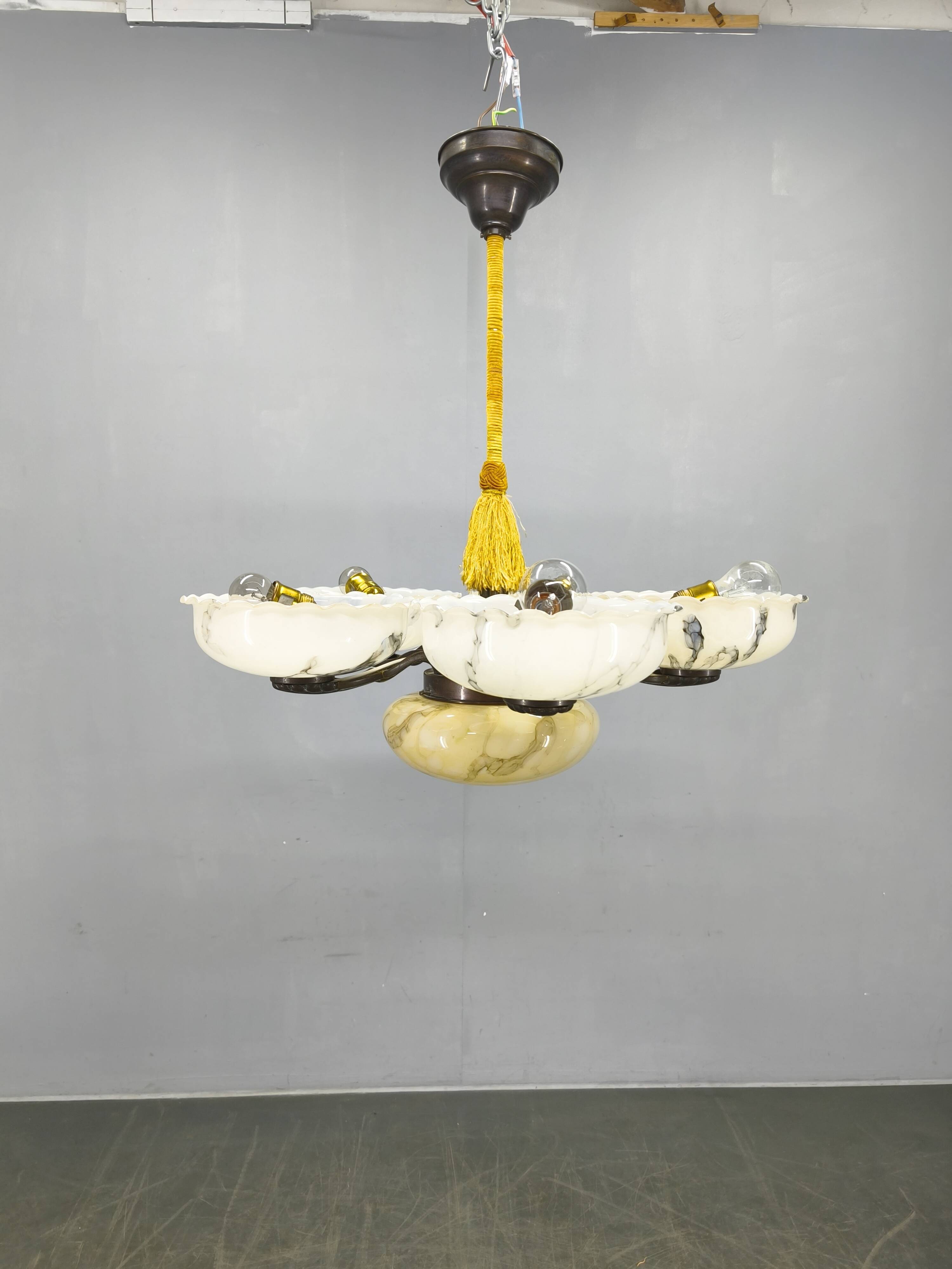1940s Czech Art Deco Brass Opaline Glass Chandelier