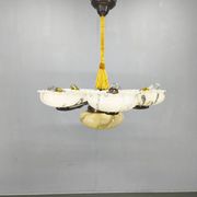 1940s Czech Art Deco Brass Opaline Glass Chandelier