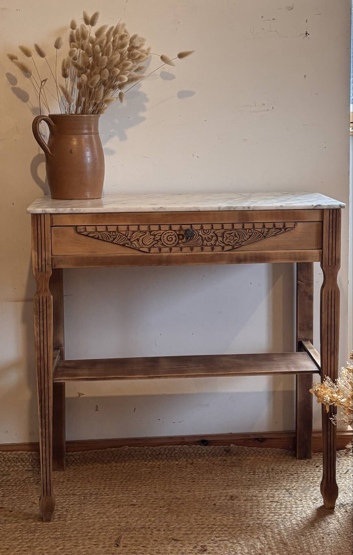 Old solid wood console with marble - 1 drawer