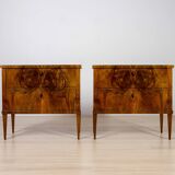 Elegant pair of Biedermeier style walnut commodes, Germany, French polish.