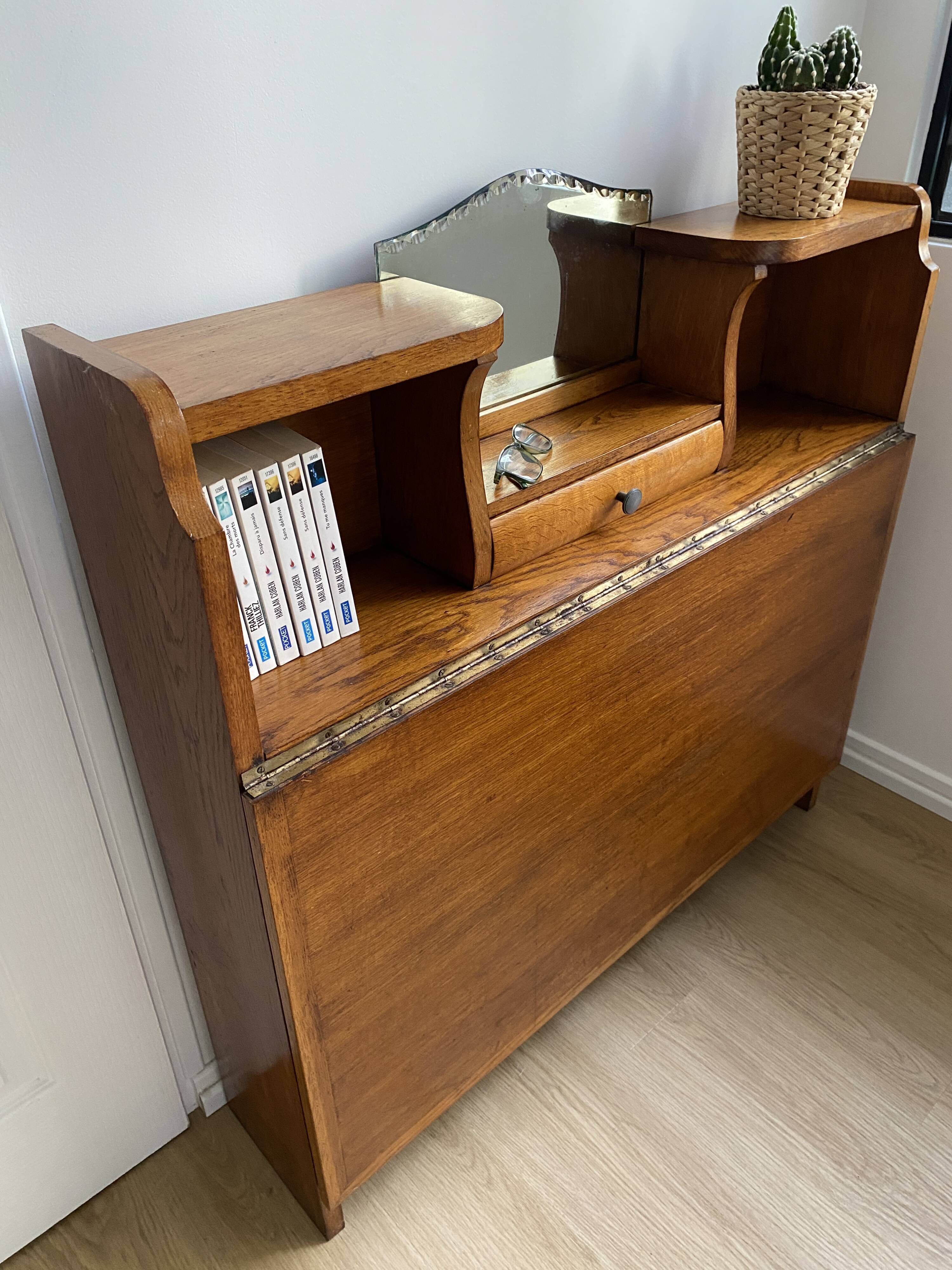Wooden console table / vintage folding desk with mirror and small drawer