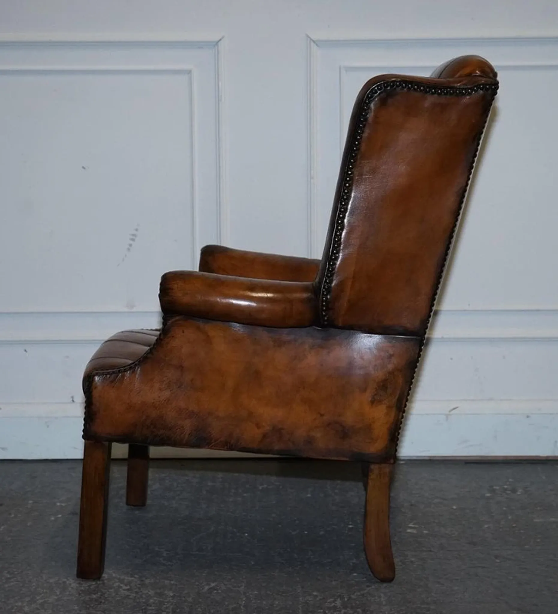 Chesterfield Wingback Armchair Set in Hand-Dyed Brown Leather, 1960s