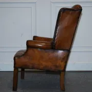 Chesterfield Wingback Armchair Set in Hand-Dyed Brown Leather, 1960s