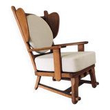 Brutalist Oak Wingback Lounge Chair, Netherlands, 1950s