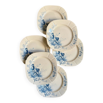 6 dessert plates Gien in blue ironstone, service "Birds" circa 1870 no. 3
