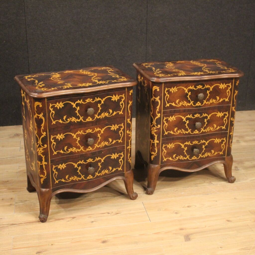 Pair of Italian inlaid bedside tables in walnut, maple and beech