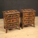 Pair of Italian inlaid bedside tables in walnut, maple and beech