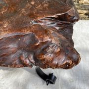 Brutalist coffee table in solid elm and wrought iron, ram's horn legs.