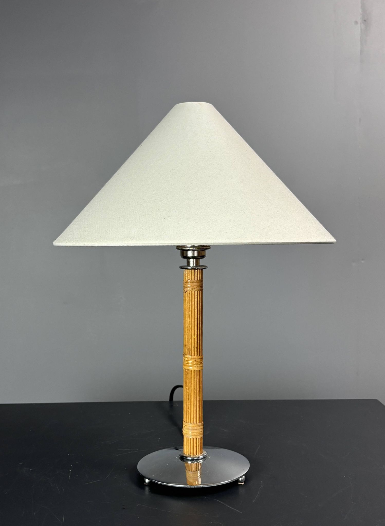 Set of 2 pencil reed rattan bamboo and chrome table lamps, 1980s