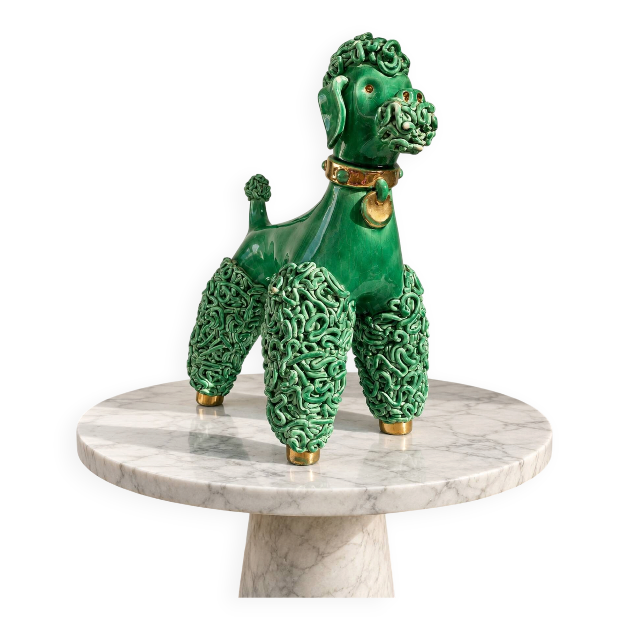 Large green glazed ceramic spaghetti poodle from the 60s.