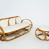 Sofa and italian poufs bamboo curly wool around 1960