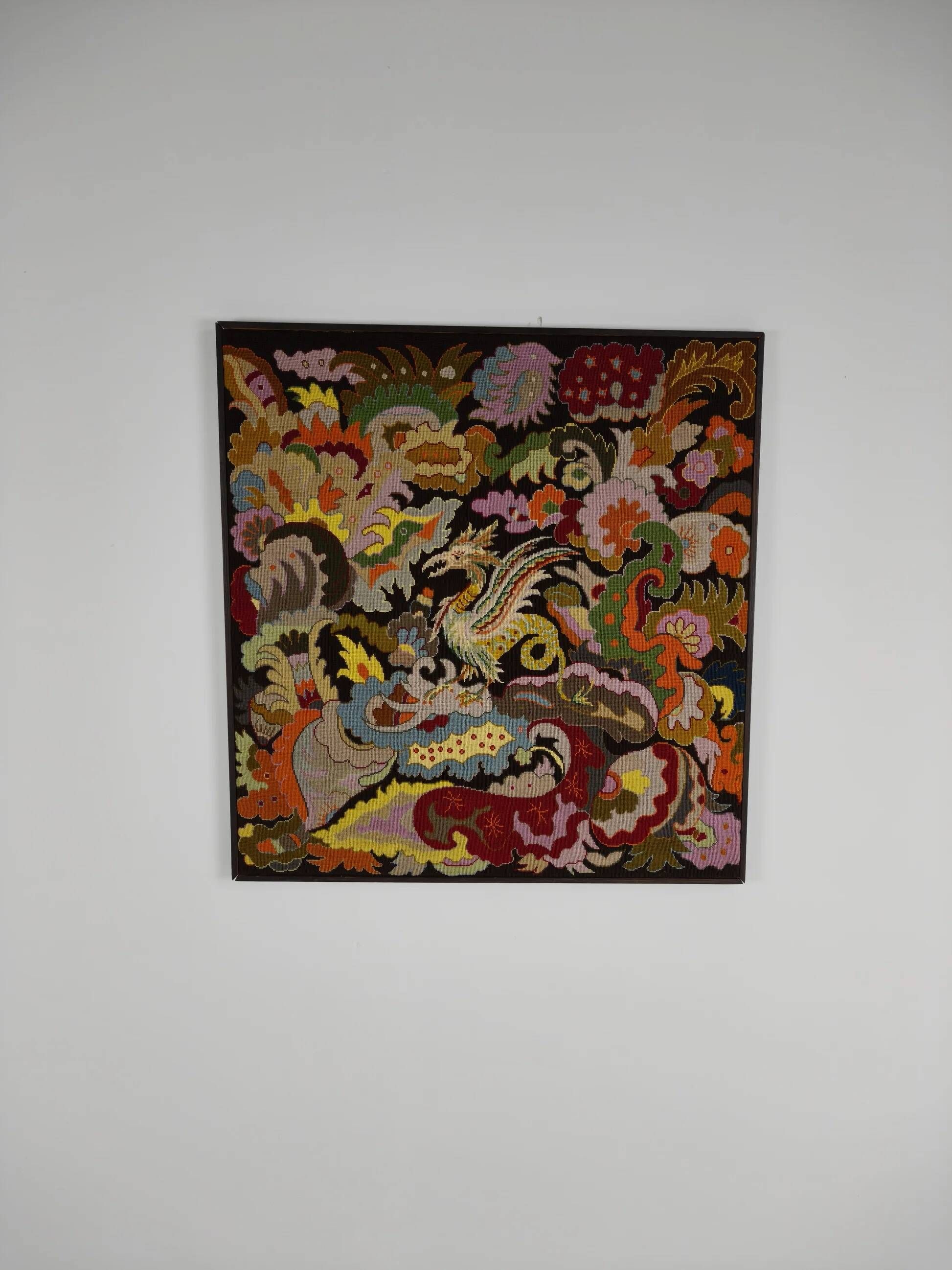 Original French hand-embroidered textile – Griffin & floral design – c.1930–1940