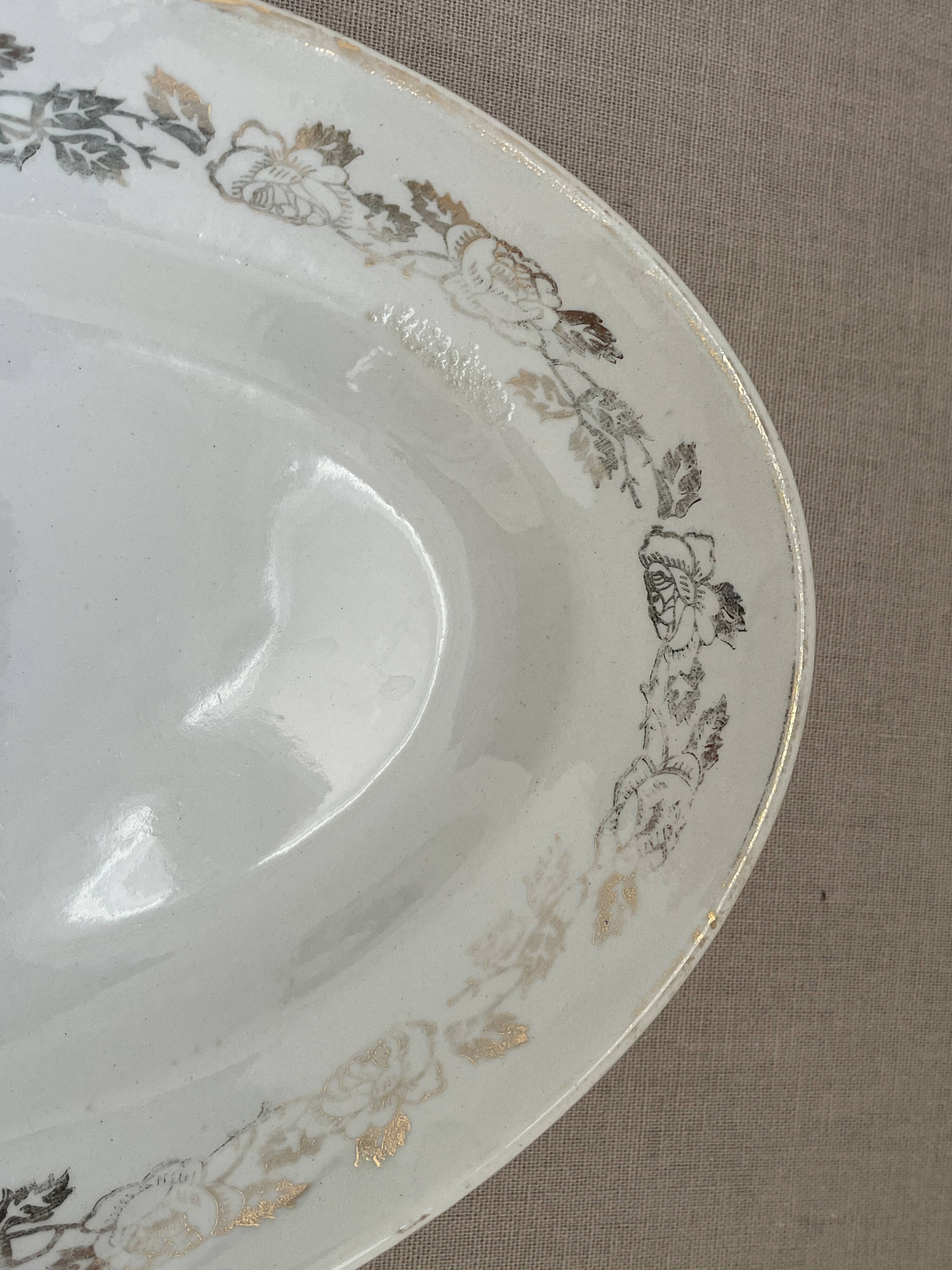 Antique oval plate Moulin des Loups Orchies – grey and gold floral decoration
