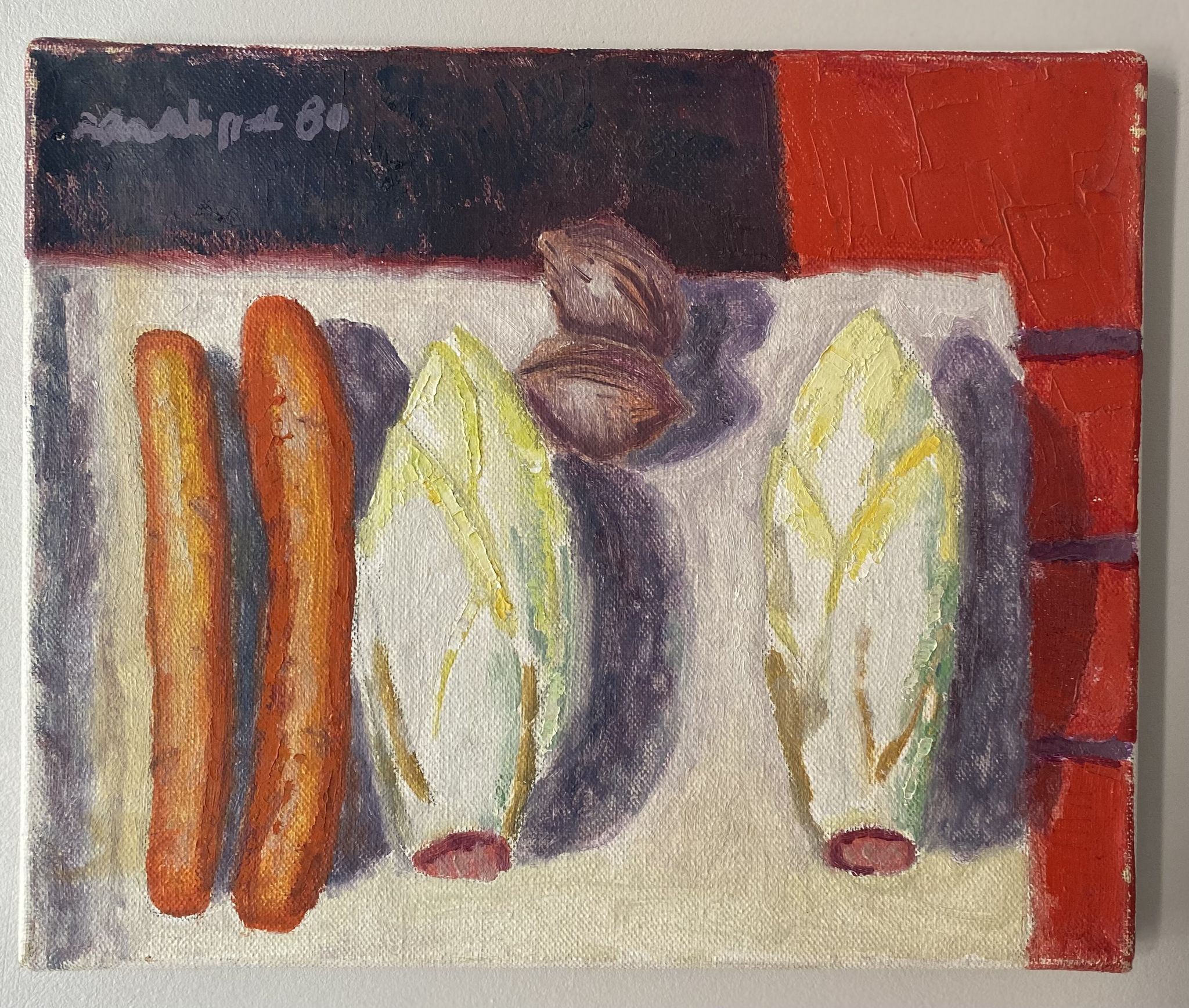 Old painting, still life with endive nuts and sausages, signed and dated 80