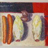 Old painting, still life with endive nuts and sausages, signed and dated 80