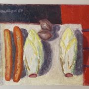 Old painting, still life with endive nuts and sausages, signed and dated 80