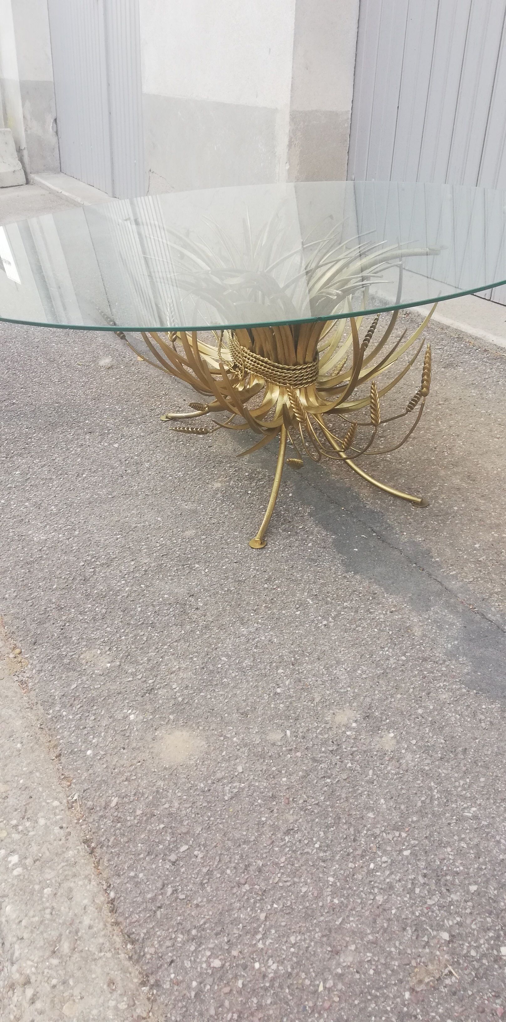 Vintage gold metal coffee table and glass top