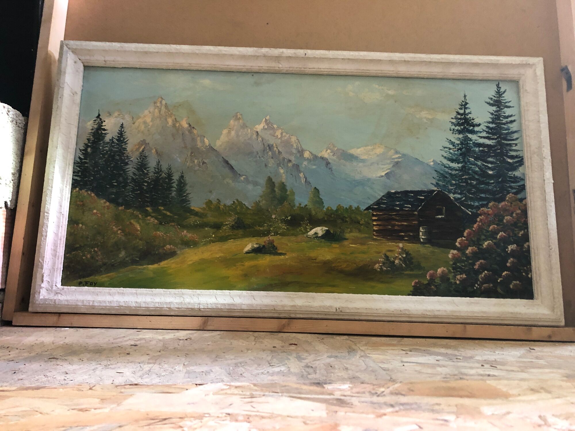 Old painting oil on panel p. FOY Mountain view + Frame Wood Vintage White