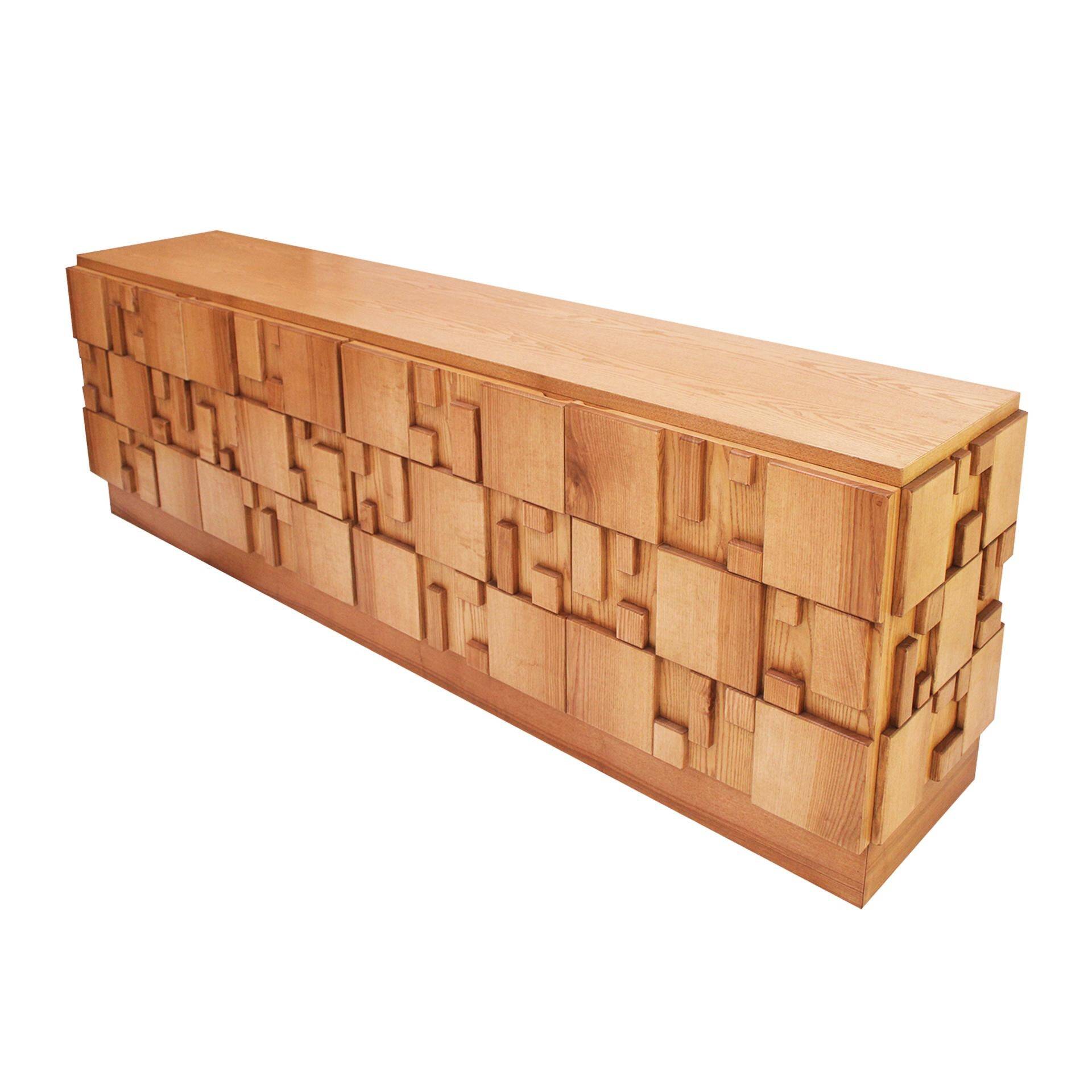 Brutalist Style Oak Handcarved Italian Large Sideboard