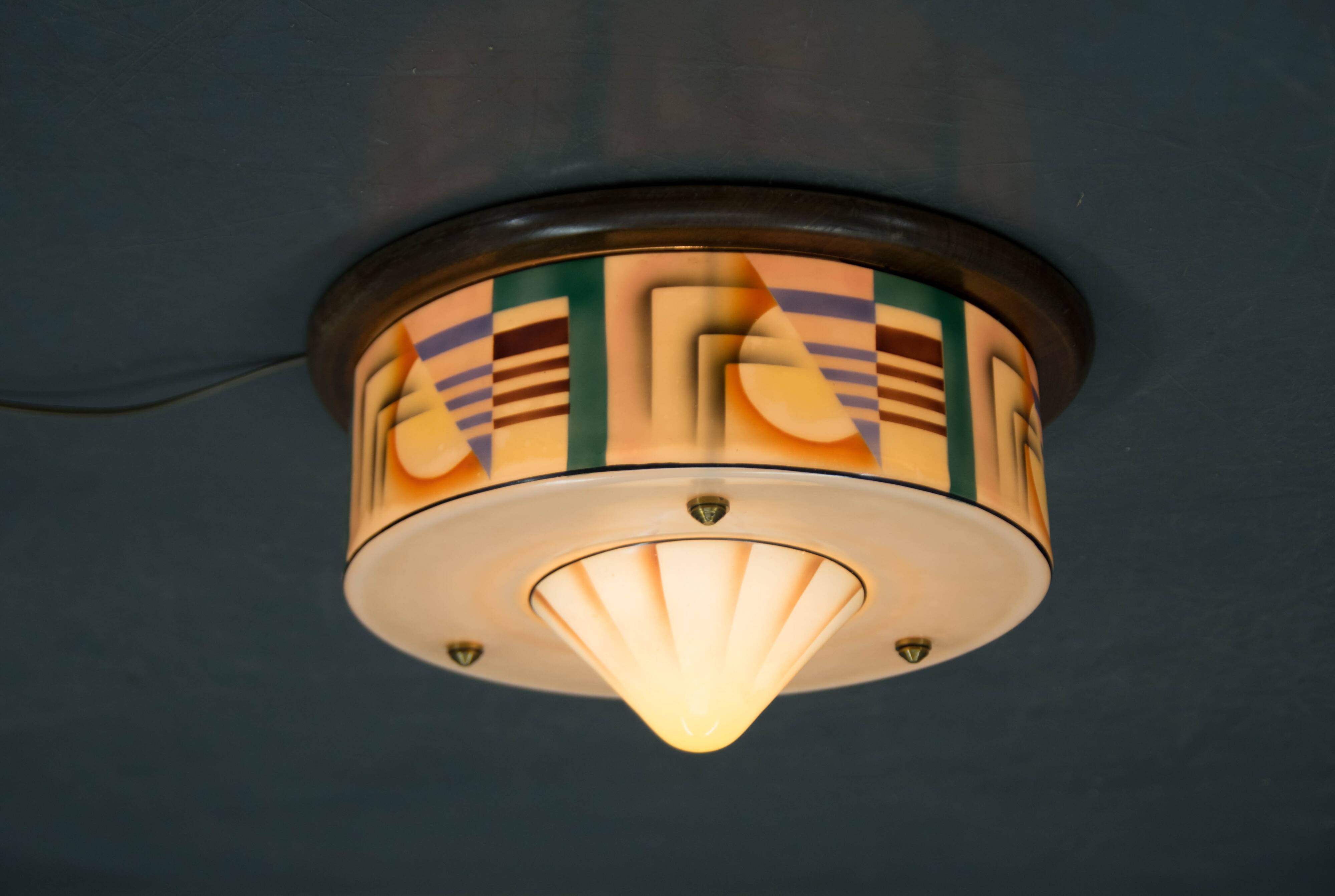 Art Deco Hand Painted Glass Flush Mount, 1920s