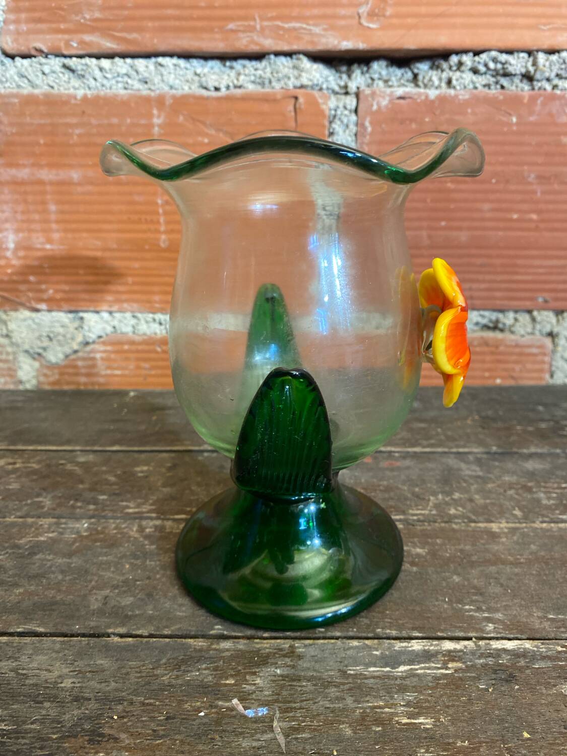 Vintage Murano Glass Vase with Orange and Yellow Flower Decoration, Italy