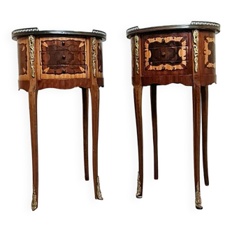 Pair of vintage Louis XV style tambour furniture in marquetry