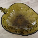 Indian green glass fruit bowl with grape decoration in strawberry shape.