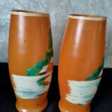 Ancien : paires de vase en verre pâte de verre orange peint