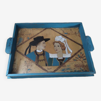 Wooden tray painting signed breton character patinated varnish