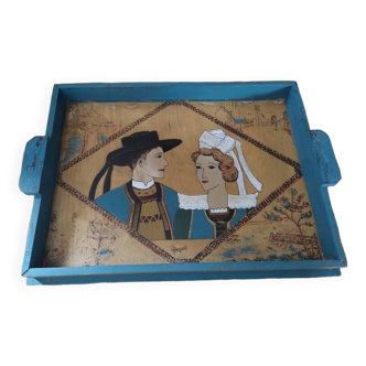 Wooden tray painting signed breton character patinated varnish