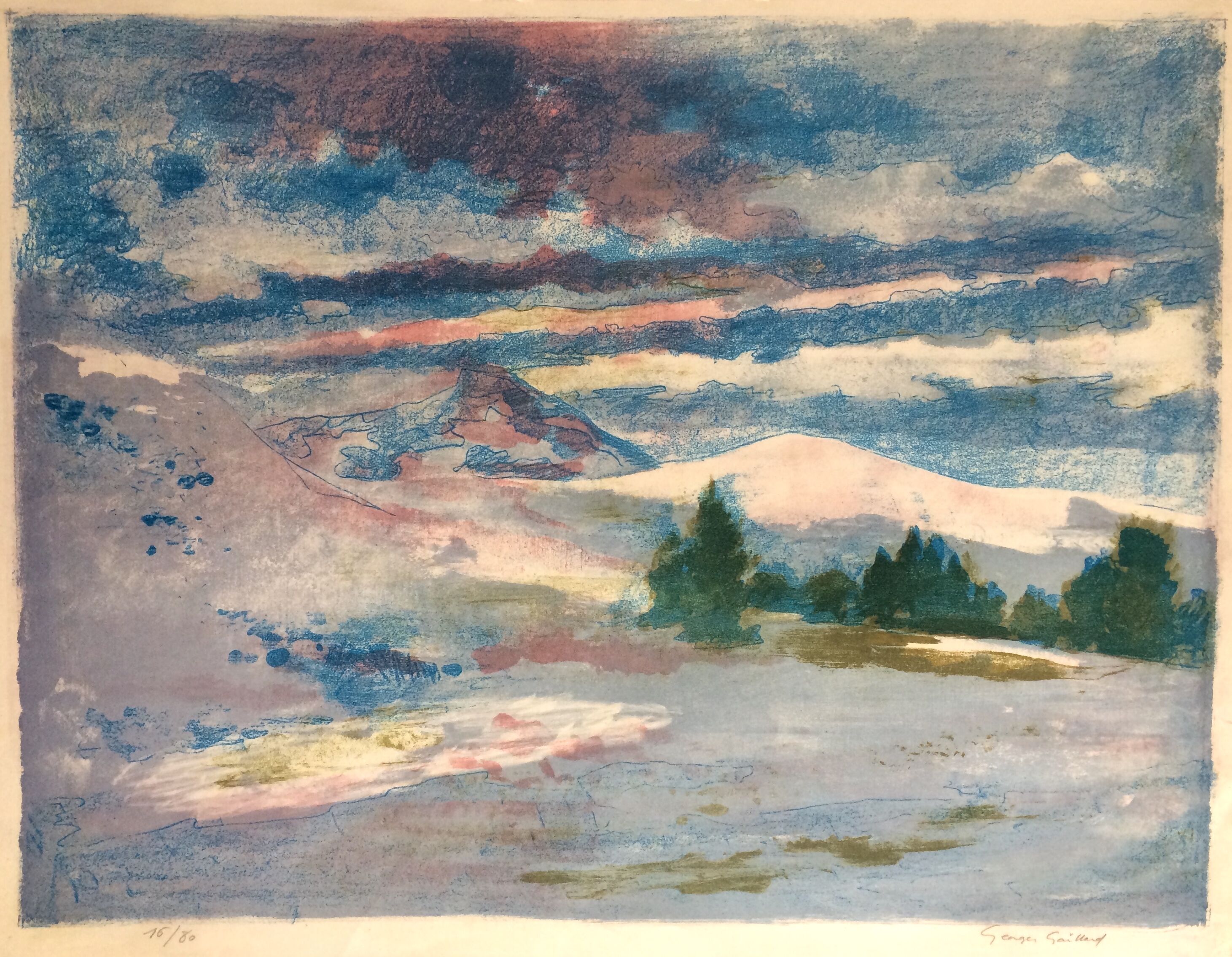 Color lithograph signed and numbered Georges Gaillard, La Montagne Sainte Victoire