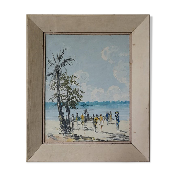 Groupe au bord du lac Tanganyika, peinture africaine, vers 1950