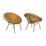 Pair of rattan and black metal sun chairs, 1950s