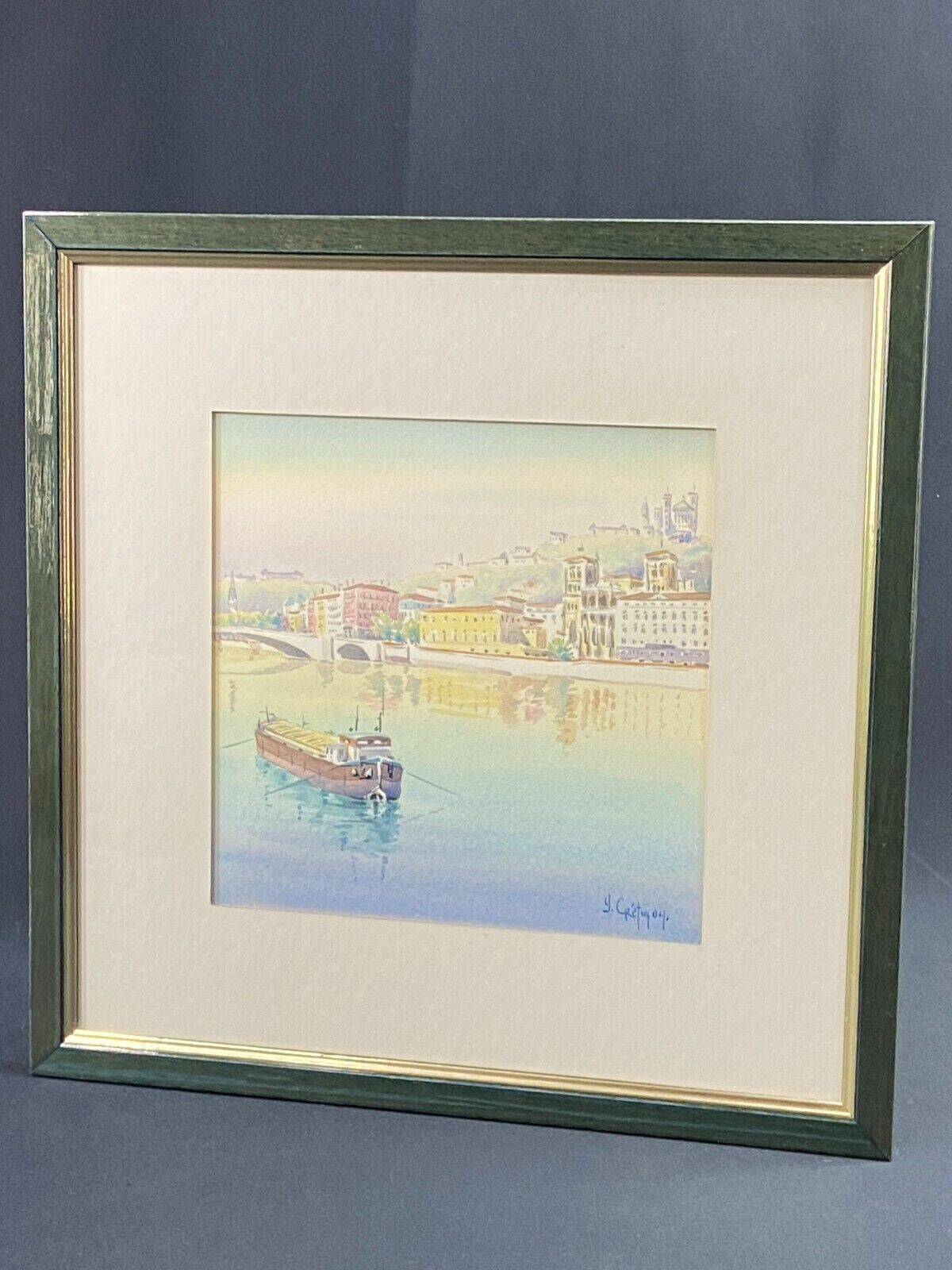 Painting signed Cretinon watercolor view of Lyon Notre-Dame de Fourvière Basilica