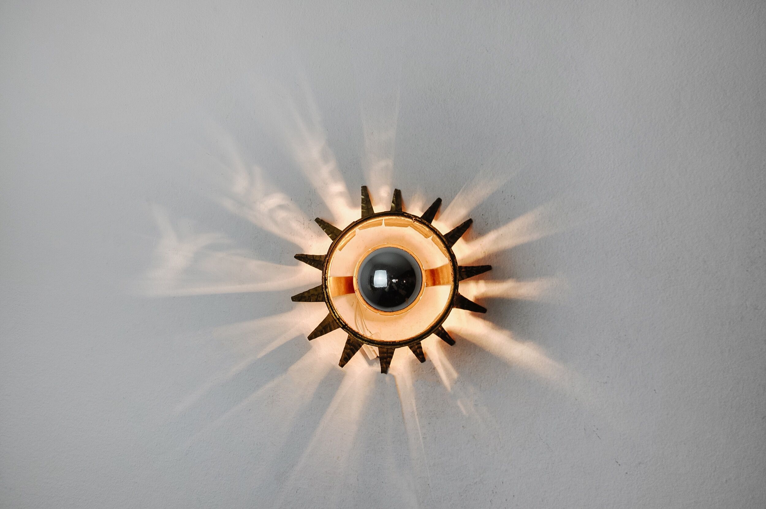 Sun wall lamp by ferro arte, metal and gold leaf, spain, 1960