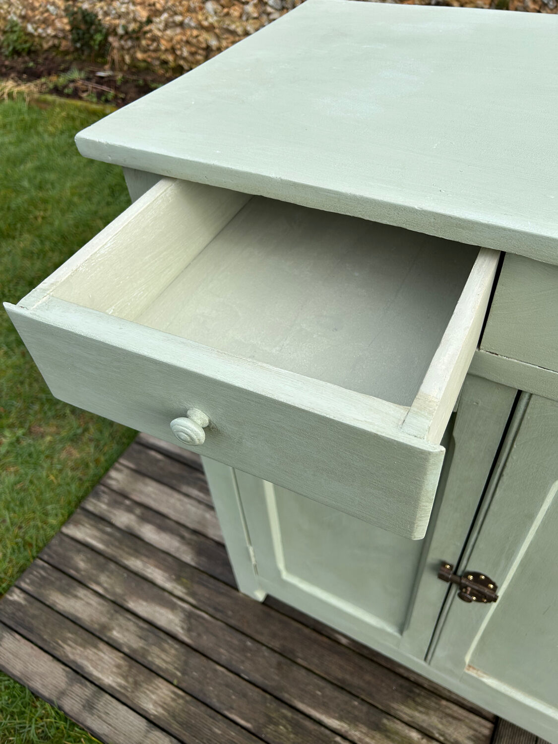 Renovated green mastic Parisian buffet.